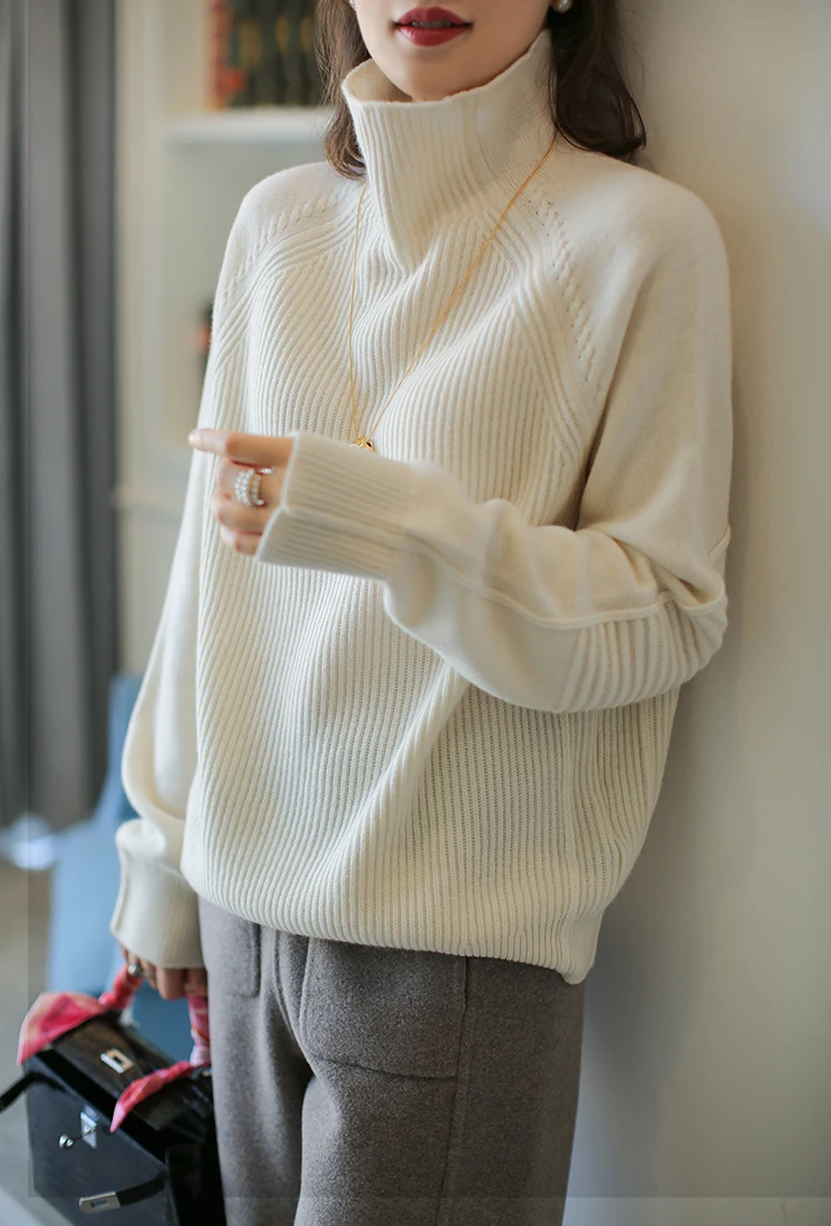 

Осенний однотонный кашемировый свитер, женский свитер больших размеров с высоким воротником и длинными рукавами, свободный вязаный кашемировый свитер с подкладкой