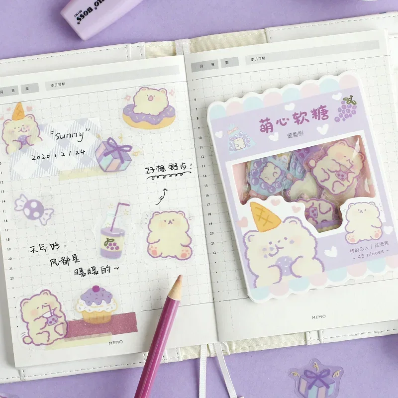 45pcs Kawaii Cute Stickers Korean Stationery Cartoon Stickers Bullet Journaling Decoration Diary Album Stickers Waterproof