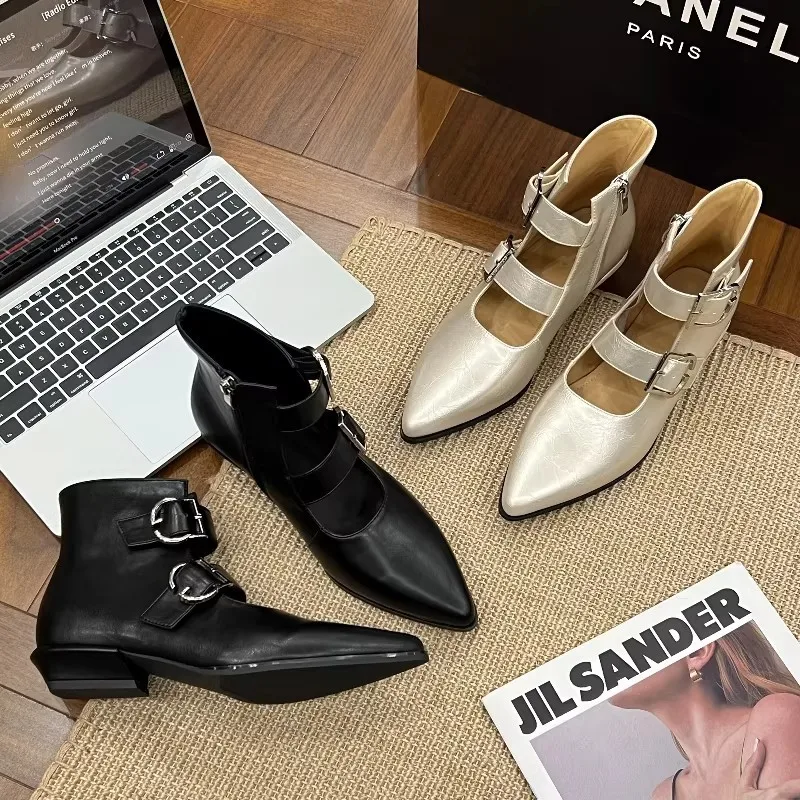 Botines de tobillo Mary Jane elegantes de cuero con hebilla y tacón bajo, punta fina, diseño hueco, novedad Primavera/Verano 2026
