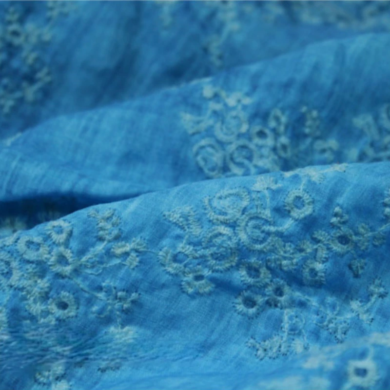 

Clothing Fabric Dirty Dyed Lake Blue Linen Embroidered Fabric Heavy Industry Robe Fabric