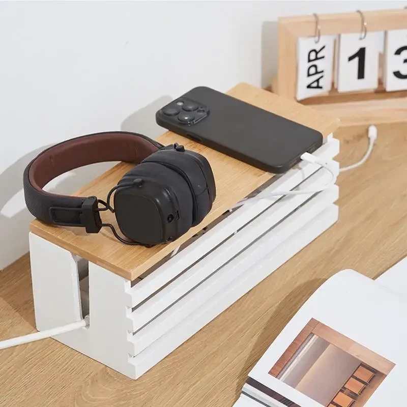 desktop wooden power strip socket wire charger storage box storage box bamboo cover rack cable organizer home storage box