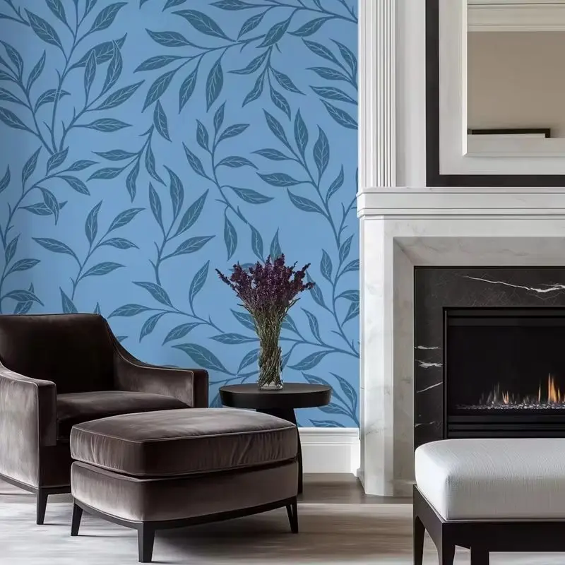 

Blue Leaves Aesthetic Wallpaper, Vintage Elegant Leaf Pattern Wall Mural For Home Decoration. Self-adhesive Or Tradition Papers