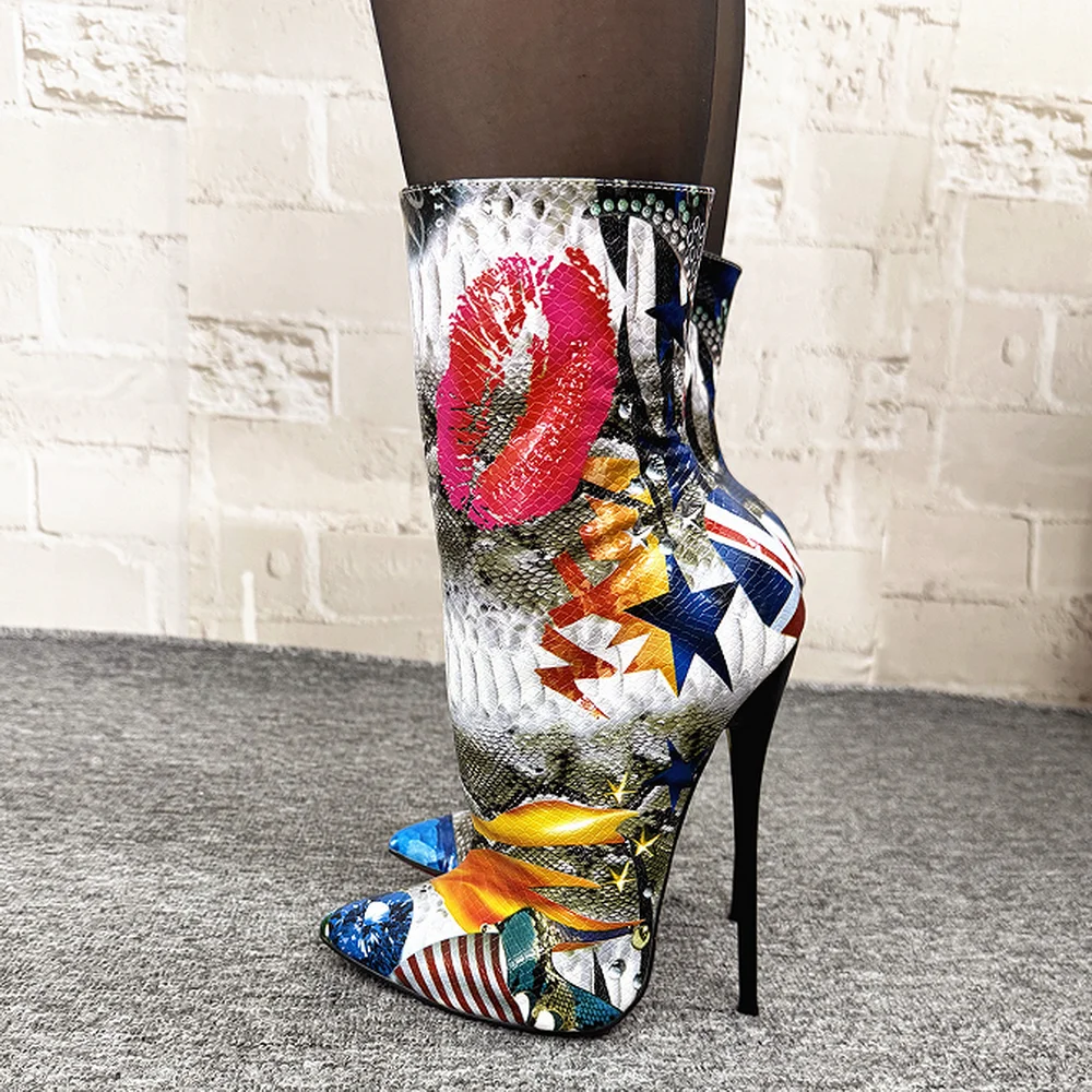 

CA Exotique 16CM High Heels Short Boots,Pole Dance Cross Dressing Shoes,Women Ankle Botas,Graffiti Lips Snake Pattern,Dropship