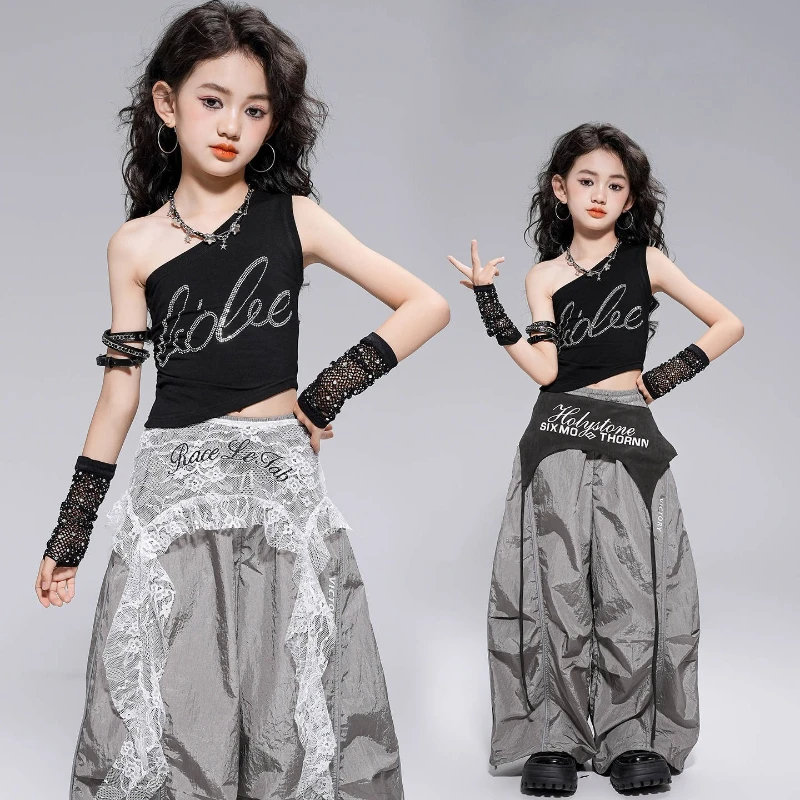Traje de baile de Jazz para niñas, ropa de actuación de moda, grupo de baile Kpop, trajes de Hip Hop, pantalones superiores negros de verano, trajes de baile callejero