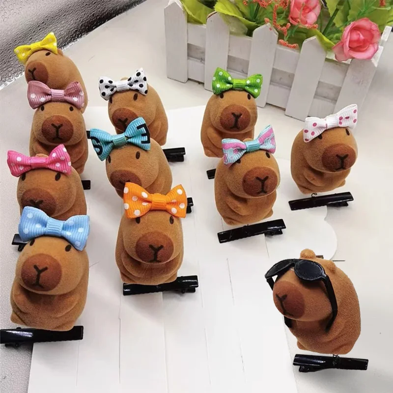 HotSale 10PCS Kawaii Hair Clip Fashion Children Bow 3D Capybara Animal Plush Hairpin Funny Style Duckbill Clips Headdress Gifts