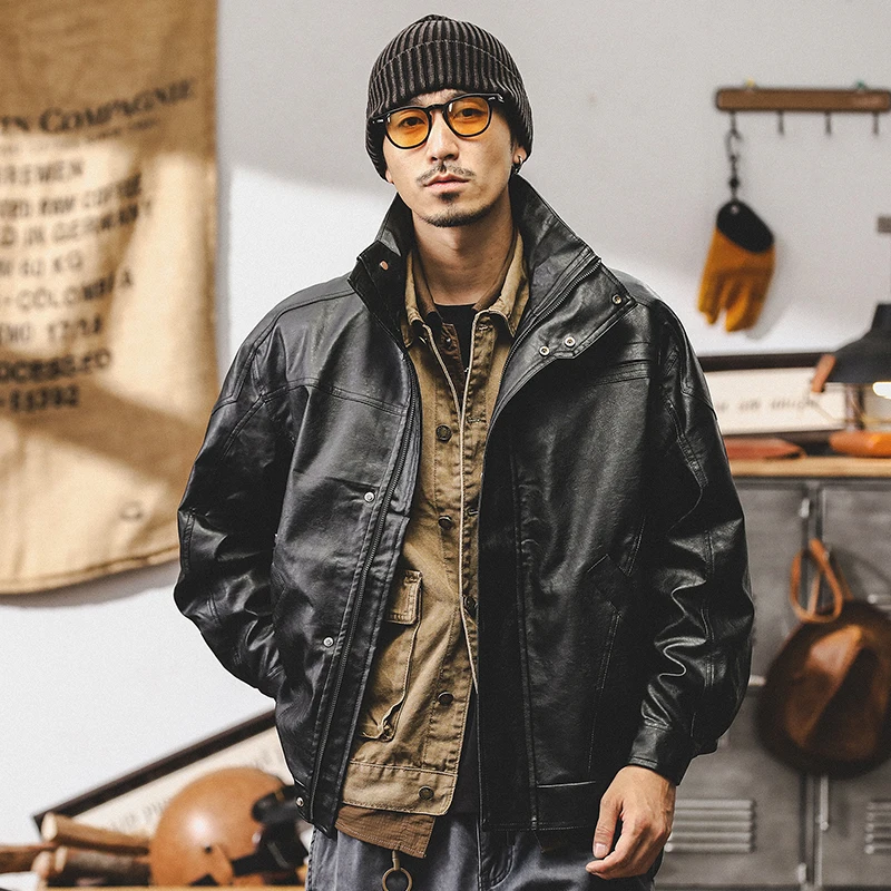 

Autumn Men's Maillard Style Retro Soft Leather Jacket American Vintage Trendy Punkish Charm Loose-Fit Biker PU Utility Jackets