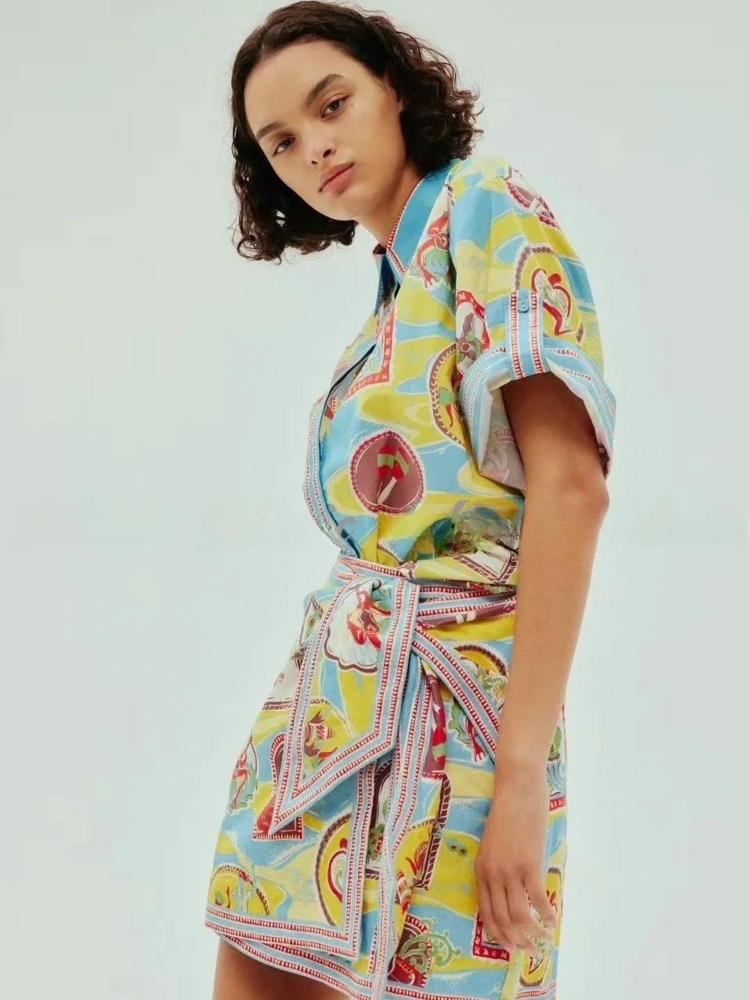 

mais Australia Summer Faion Print Pure Cotton irt Linen ort ter Skirt Two-Piece Set Women's Loose Fit Button up