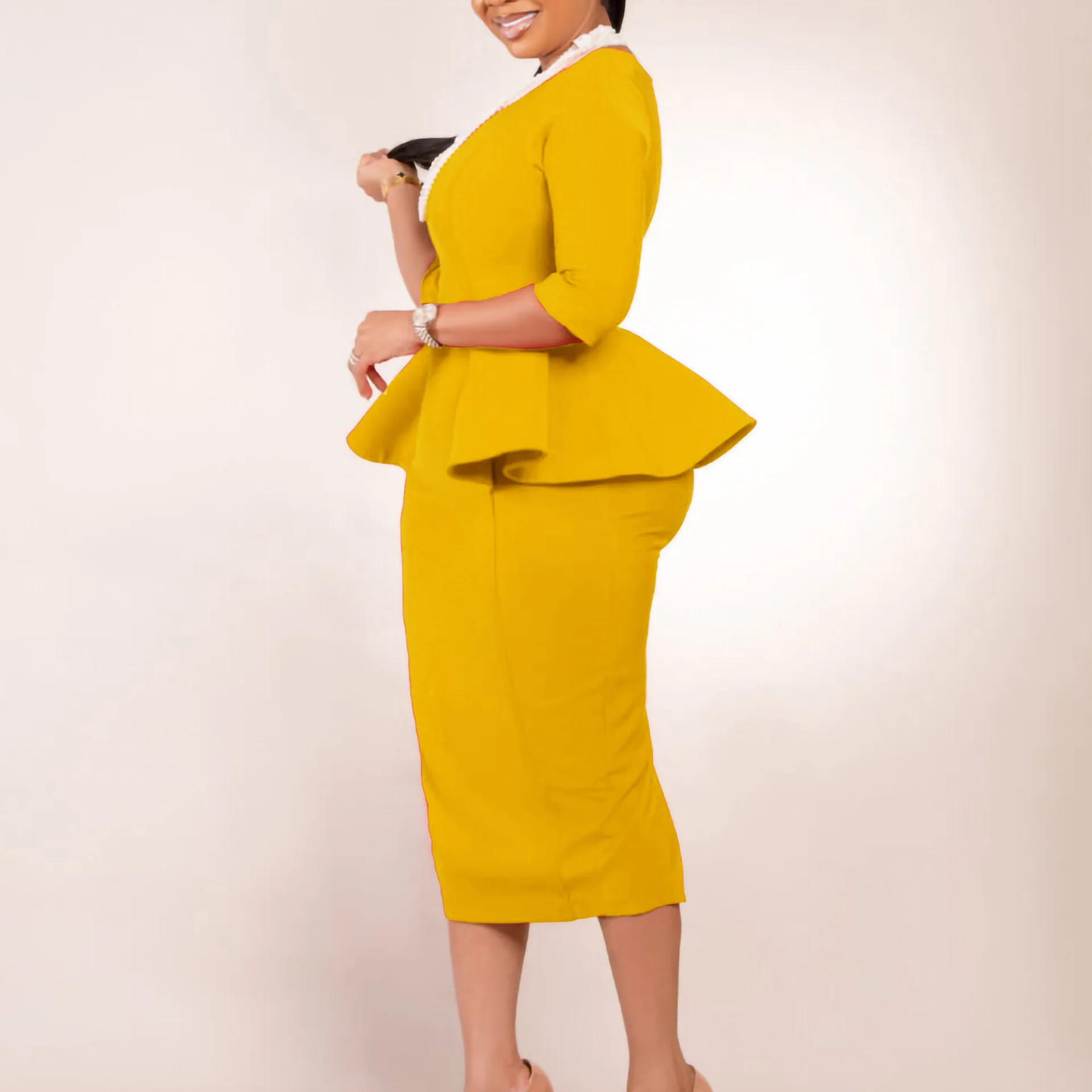 2024 Spring Summer 3/4 Sleeve Elegant Yellow Midi Dress Women Casual Party Work Business Evening Office Lady Pencil Dress