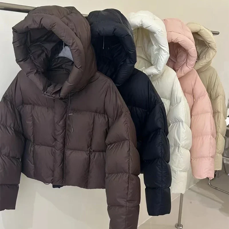 Women Warm Hooded Down Coat New Mock Neck Thicken Zipper Pockets Solid Casual Jackets Autumn Winter Office Cotton-padded Jacket