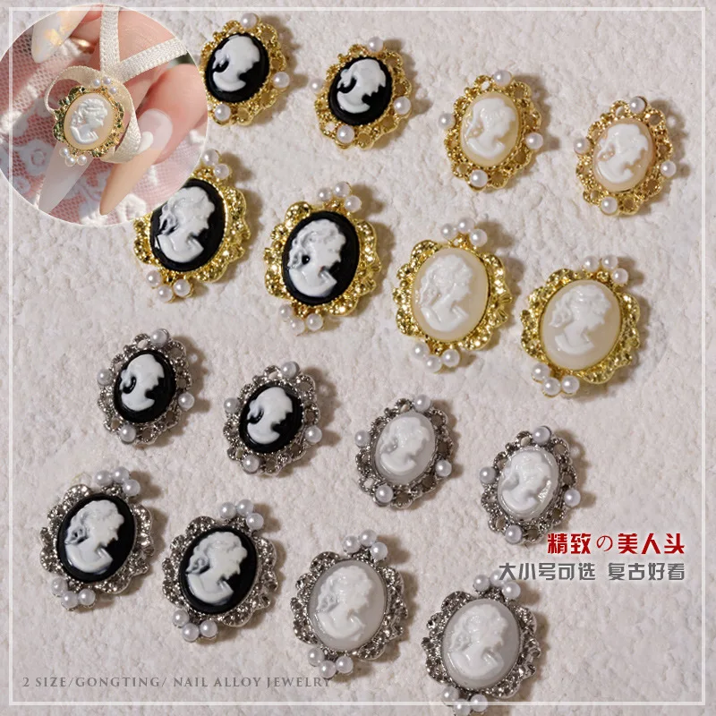 10Pcs Baroque Pearl Beauty Head 3D Nail Charms French Luxury Vintage Metal Beauty Head Nail Art Gold Silver Frame Manicure Parts