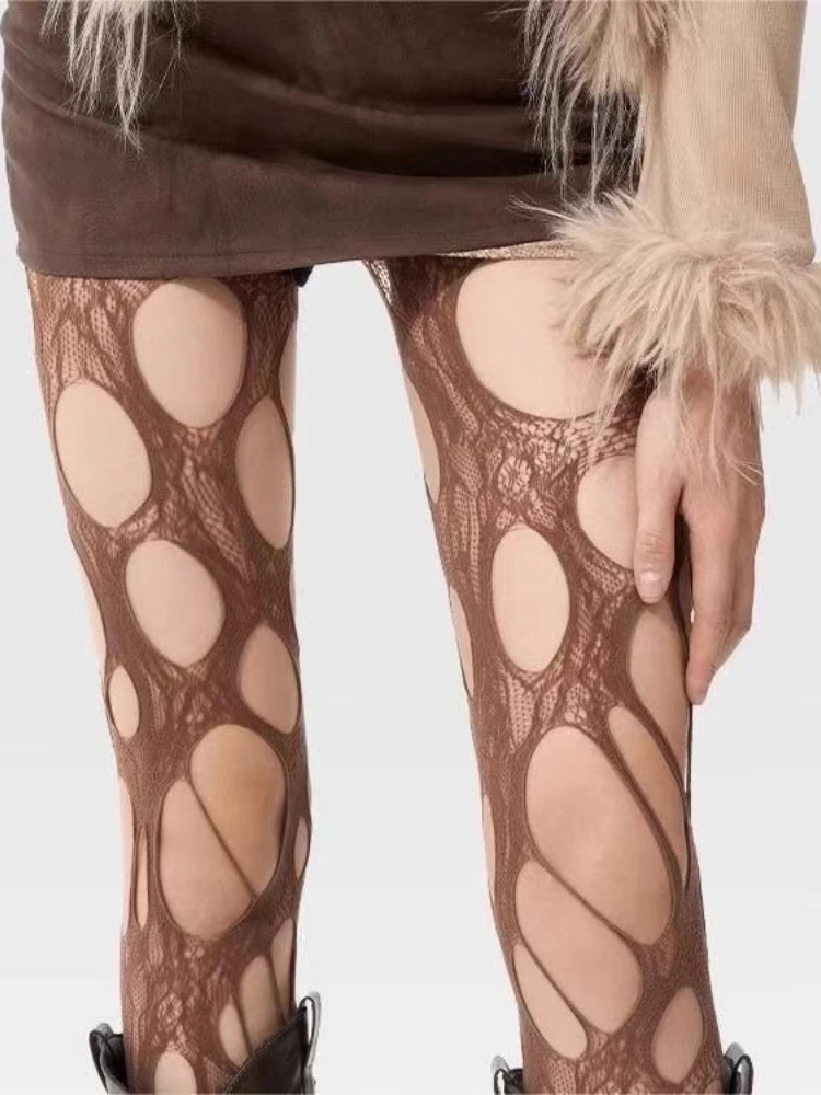 New Color Coffee Tights Gothic Irregular Broken Holes Fishnet Pantyhose Women Sexy Hollow Out Mesh Socks Punk JK Loli Stockings