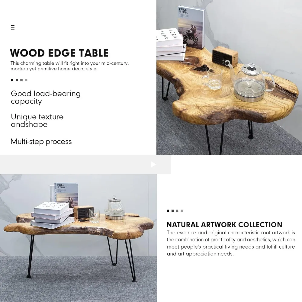 Live Edge Coffee Table, Natural Living Room Coffee Table with Clear Lacquer Finish and Metal Hairpin Legs,Unique Desktop