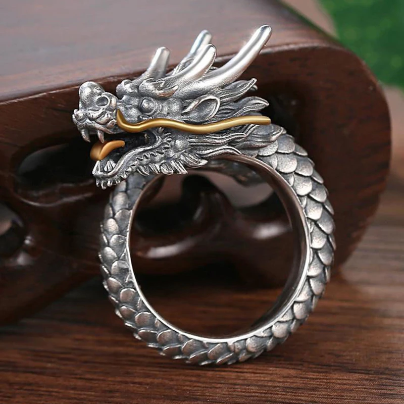 3D Carved Vintage Dragon 925 Silver Ring Men Adjustable Size Opening Finger Wrap Ring For Boyfriend Party Domineering Gifts