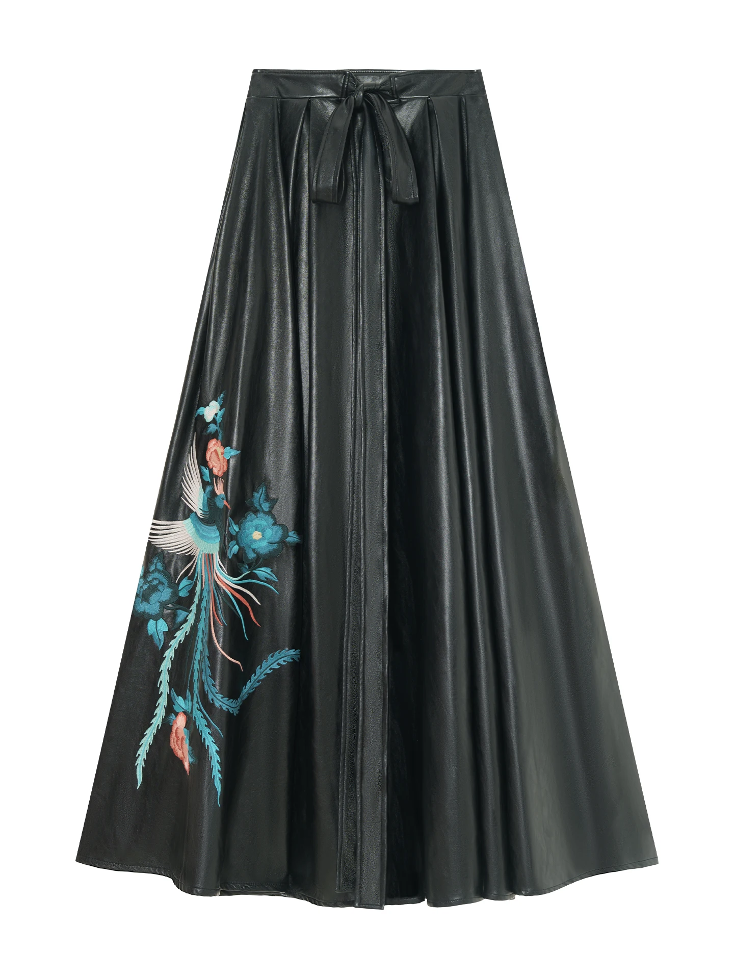 กระโปรงยาวทรงเอไลน์ หนัง PU สำหรับผู้หญิง สไตล์จีน แต่งลายปัก พร้อมซิป  สำหรับฤดูใบไม้ผลิและฤดูใบไม้ร่วง สีดำ