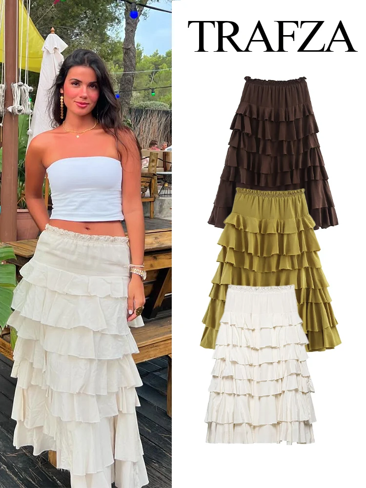 

TRAFZA Women Summer Fashion Elastic Waist Laminated Decoration Skirt Female High Street A-Line Folds 3-Color Casual Midi Skirt