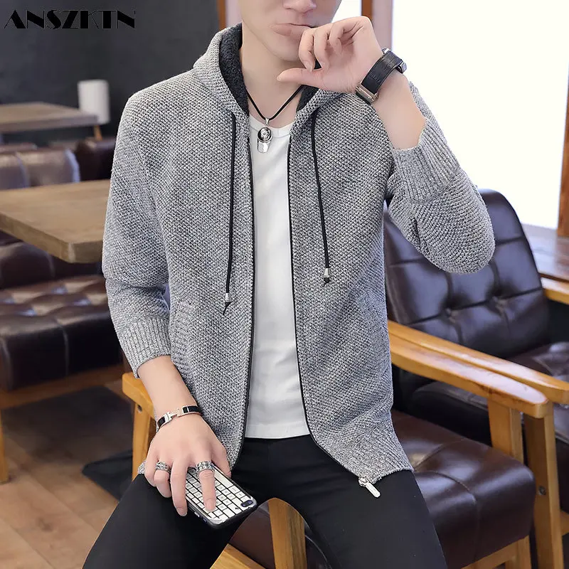 

ANSZKTN Men's stand-up collar thickened plus fleece loose casual sweater sweater cardigan