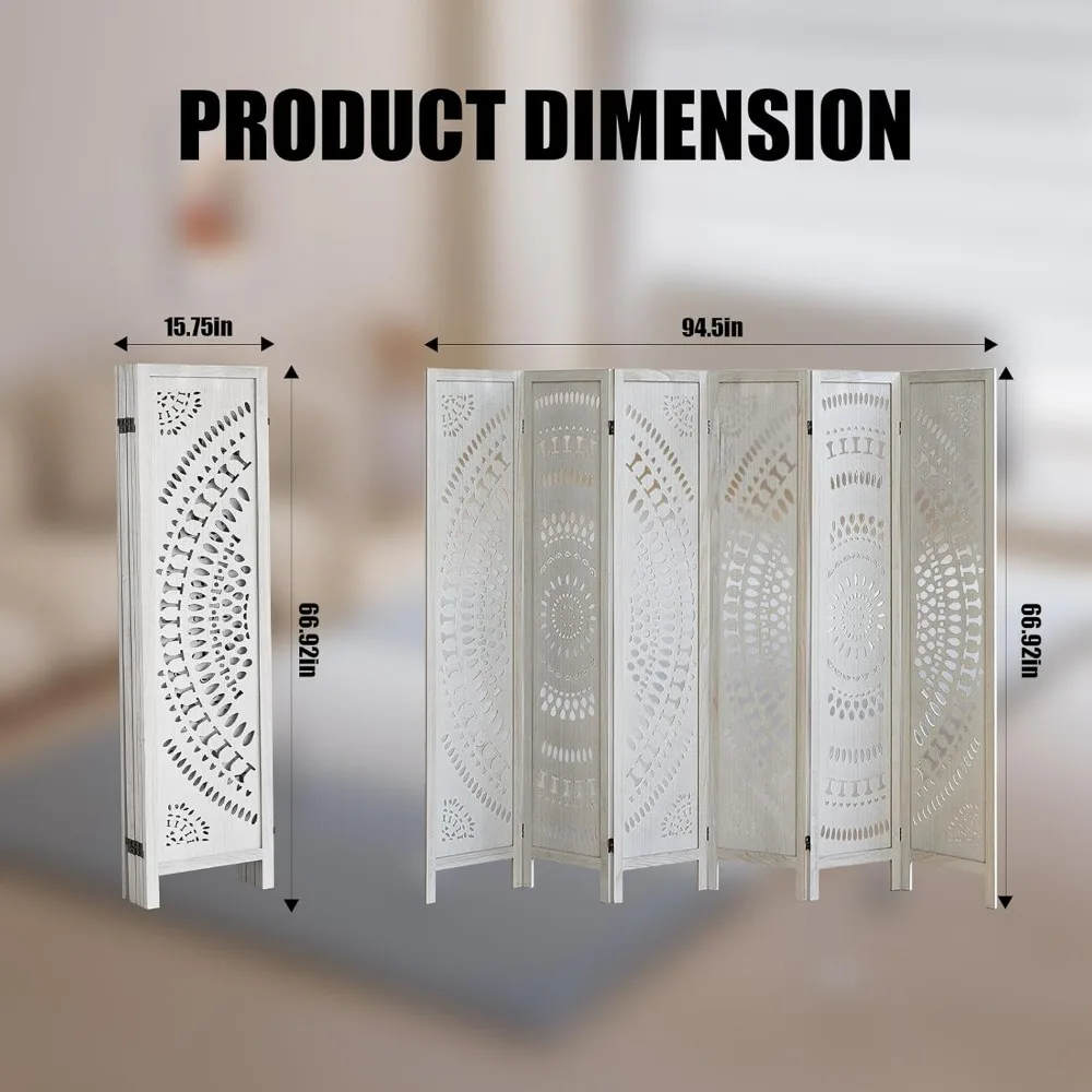 Divisorio per ambienti in legno a 6 pannelli completamente assemblato, divisori per ambienti Boho intagliati e schermi pieghevoli, divisorio per ambienti da 5,6 piedi indipendente