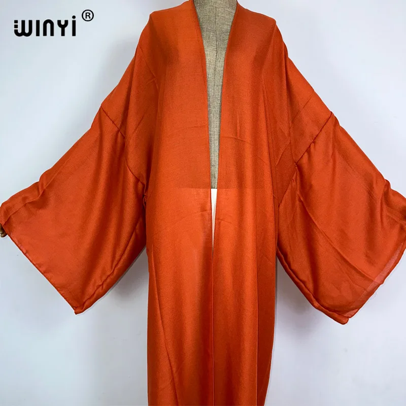 WINYI monocolour cotton feeling kimono comfortable Women Soft Cardigan Loose Dress Boho Maxi beach Holiday Swimming Cover ups