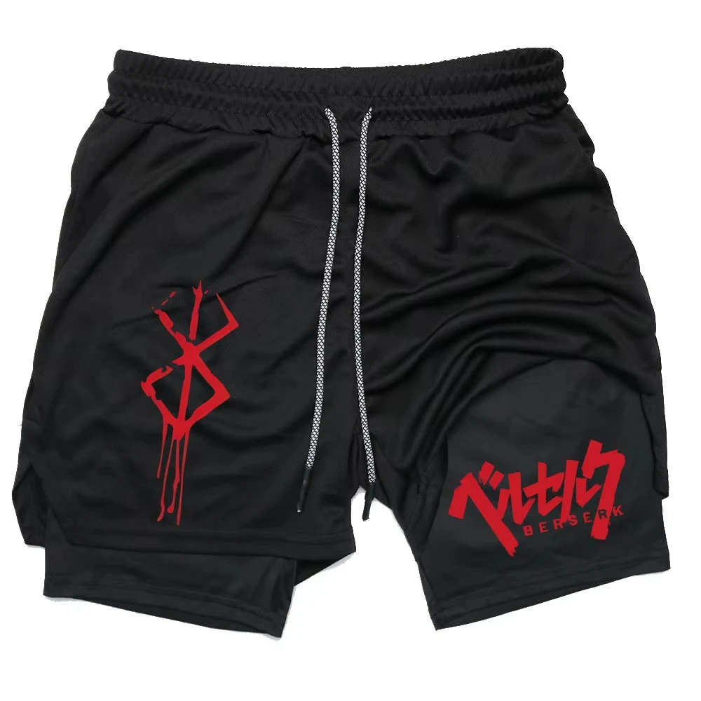 Anime Berserk Performance Shorts Men 2 in 1 Running Compression Shorts Training Yoga Gym Sportswear Workout Shorts with Pockets