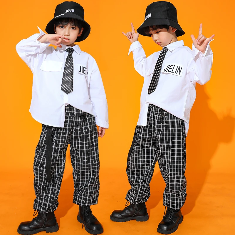 Girls White Shirt Hip Hop Boys Jazz Plaid Uniform Pants Mini Skirt Kids Street Dance Clothes Sets Child Preppy Sport Costumes