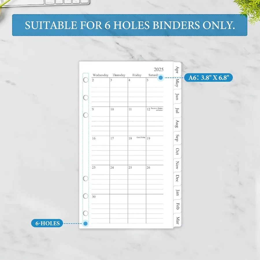 20252026 Monthly Planner Refill A6 Planner Inserts for 6 Ring 3.8