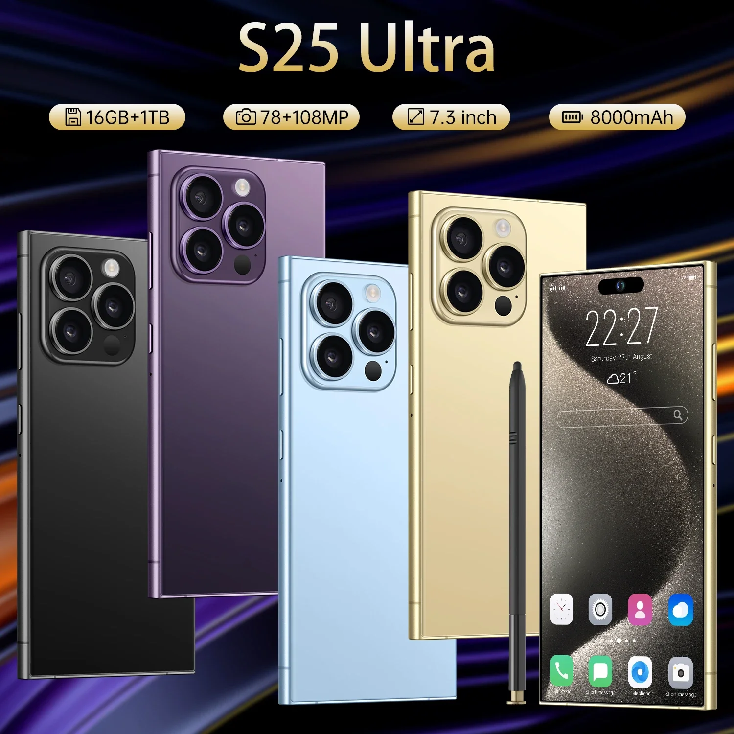 2024 New S25 Ultra 5G 7.3-inch high-definition Android 14 Snapdragon 8gen3 10core dual SIM 8000mAh unlocking smartphone