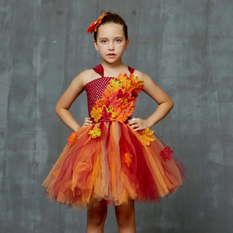 

Autumn fairy girls tutu dress maple leaves kids tulle dress with headband children flower dresses for Halloween Christmas