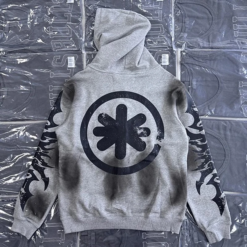 Stain Washed Lost Shdws Hole Damaged Zipper Hoodie Jacket Men Women Flame Flower Print Sweatshirts Oversized Hooded Pullovers