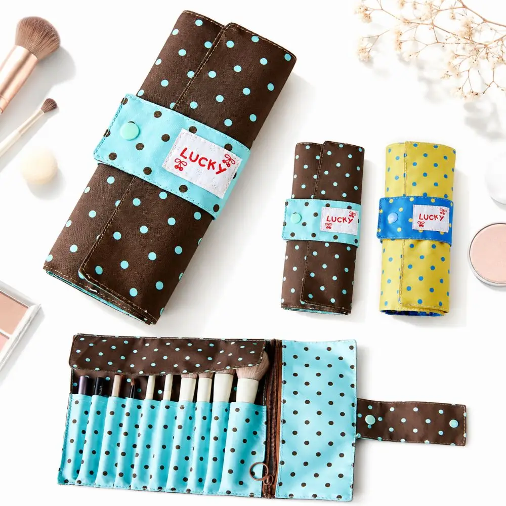 Stylish Polka Dot Makeup Brush Storage Bag 10 Slots Multipurpose Makeup Tool Bag Canvas Portable Makeup Bag Multipurpose