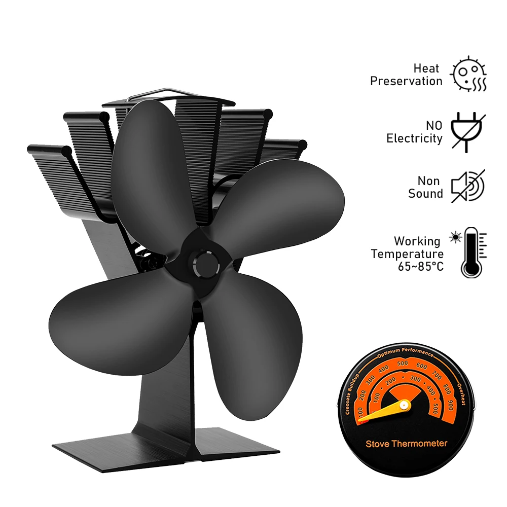 

4 Blades Heat Powered Vertical type Stove Fan Silent Flue Pipe Fireplace Fan Eco-Friendly on for Wood Log Burner Fireplace