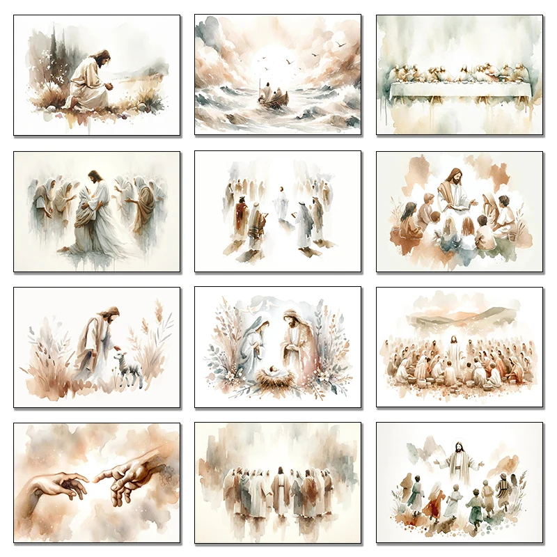 Watercolor Jesus with Children The Last Supper Calms The Storm Bible Christian Canvas Painting Print Wall Art Poster Home Decor