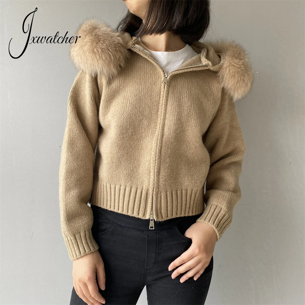 

Jxwatcher Women's Sweater with Real Fox Fur Collar Autumn Winter Casual Hooded Knitted Tops Natural Fur Short Cardigan 2024 New