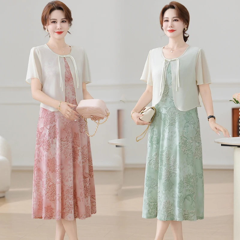 夏フェイクツーピースパッチワークドレスヴィンテージブロークンフラワー婦人服スタイリッシュな中国ディスクバックル A ラインミディドレス