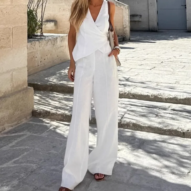 

White Cotton and Linen V-neck Back Lace-up Vest Trousers Suit Women