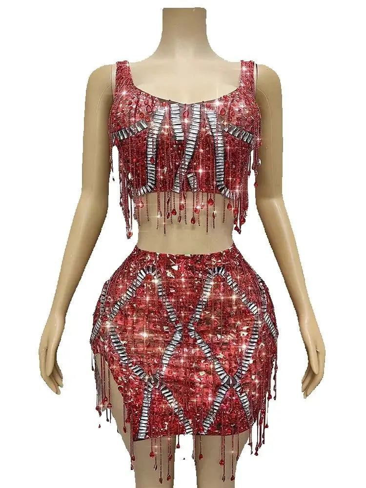 Wysokiej jakości zestaw: top na ramiączkach z kryształkami i spódnica, nowa modna odzież damska na zamówienie, kolekcja 2025