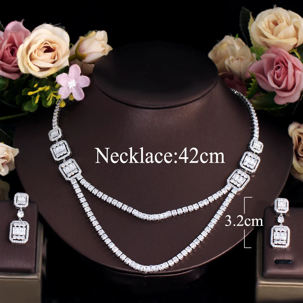 CWWZircons Shiny White Cubic Zirconia Double Layered Wedding Evening Necklace Bridal Party Wear Jewelry Sets for Women T731