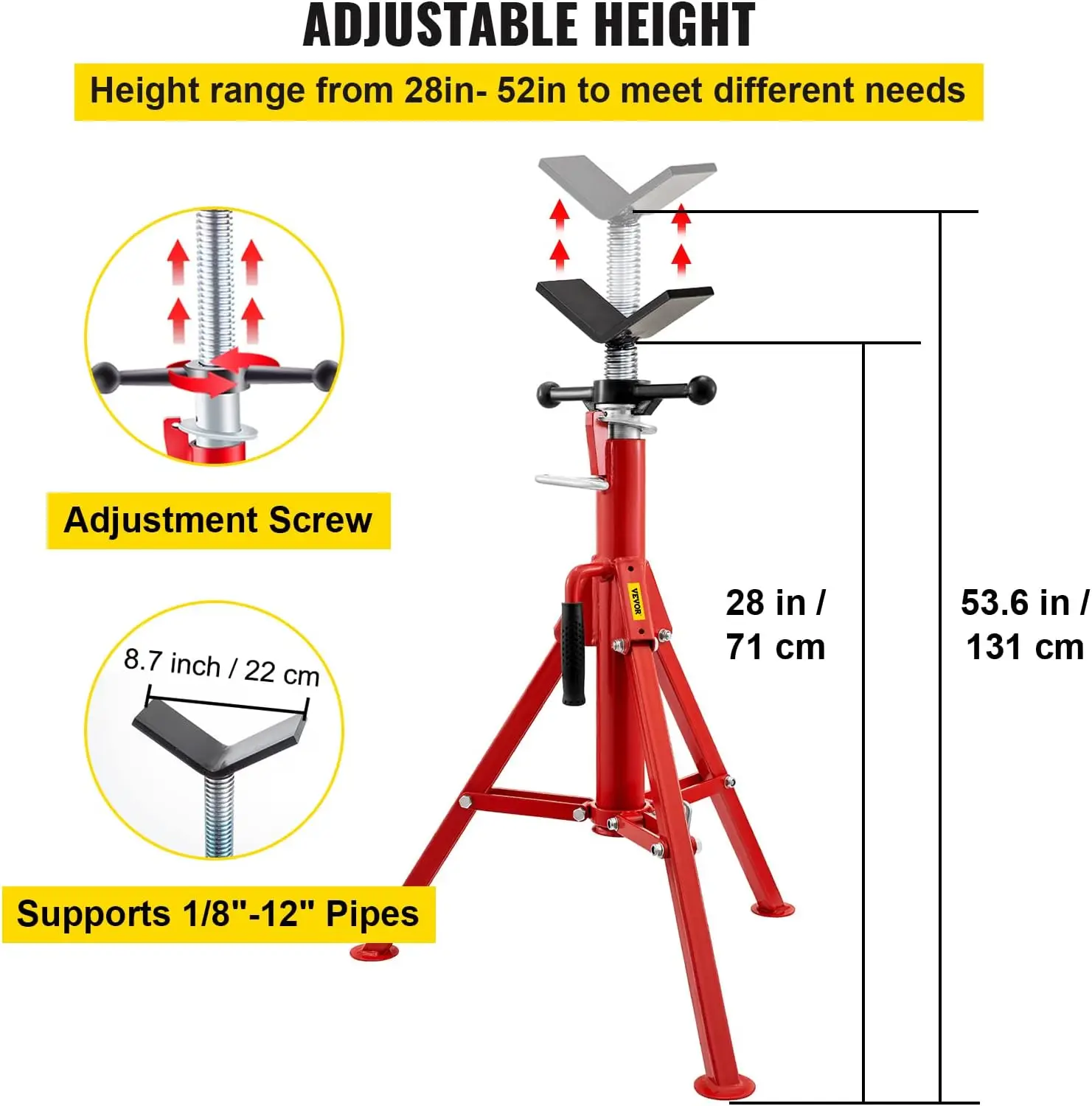 V Head Pipe Stand 1/8"-12" Capacity,Adjustable Height 28"-52,Pipe Jack Stands 2500 lb. Load Capacity,Portable Folding