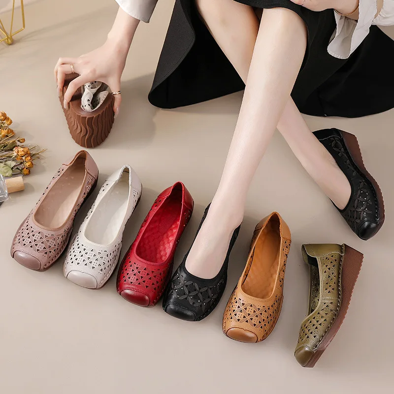 Women's Summer Real Leather Wedge Red Flats Cut out Loafers Vintage Breathable Slip-On Shoes Luxury Hollow Moccasin Female ﻿