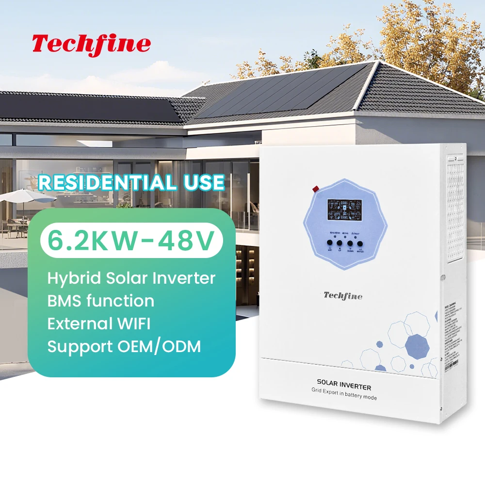 Techfine 48VDC 6.2KW  6200W Hybrid Solar Inverter 48v Single Phase Solar Inverter With MPPT Charge Controller