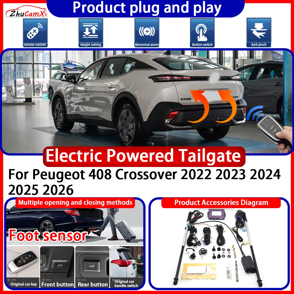 ZhuCamX Electric Powered Tailgate for Peugeot 408 Crossover 2022 2023 2024 2025 2026 Anti Pinch Smart Intelligent Control Gate