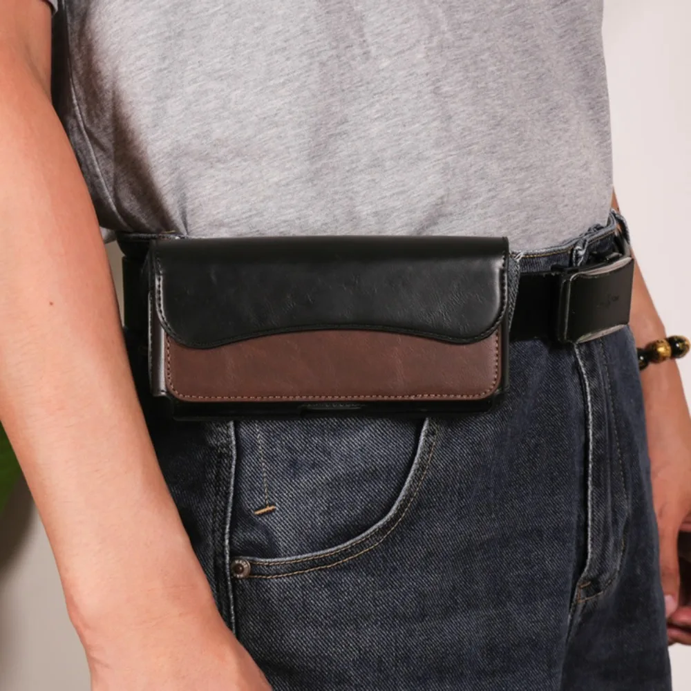 PU leather cross-style mobile phone waist bag with adjustable belt closure, lightweight men's waist bag