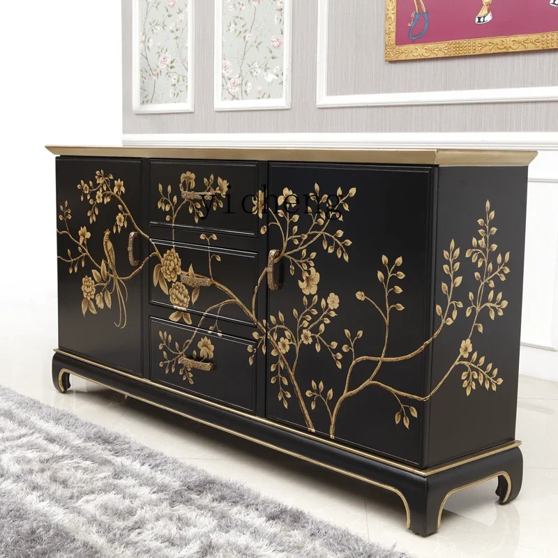 Retro Chinese Black Gold Painted 1.8 Meters Large Entrance Hall Entrance Furniture Villa Living Room Solid Wood Dining Side