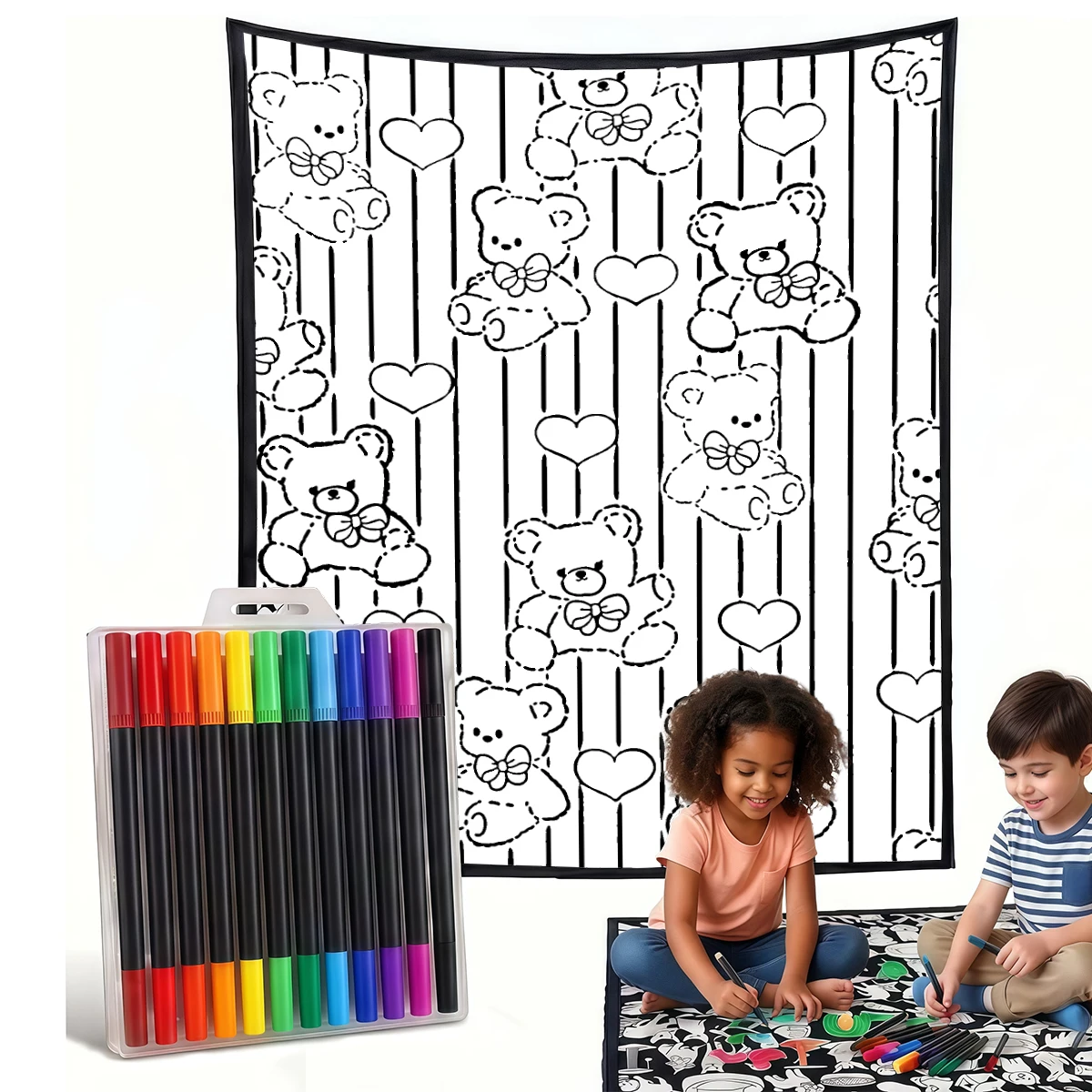 Blue Teddy Pink Hearts DIY Cozy Coloring Blankets -24 Markers, Cozy Velvet Ideal For Daily Use Home Decor And Kids Spaces
