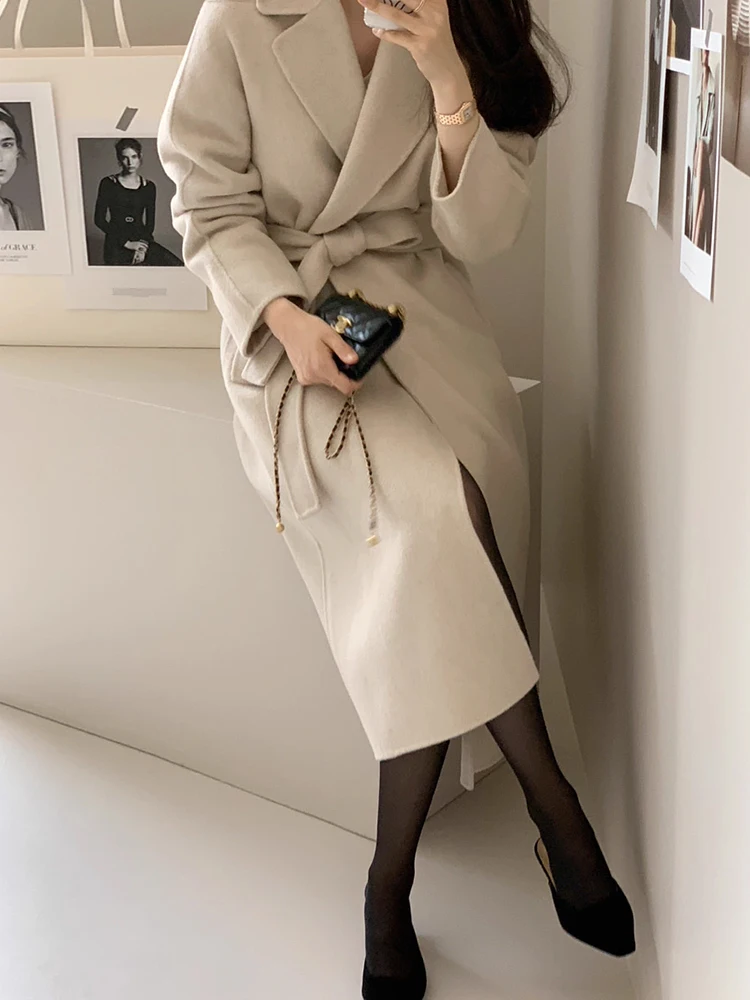 Ele longo casaco de lã chique outono novo sle vintage gola com cinto emagrecimento outerwear para mulheres commute sle cor pura