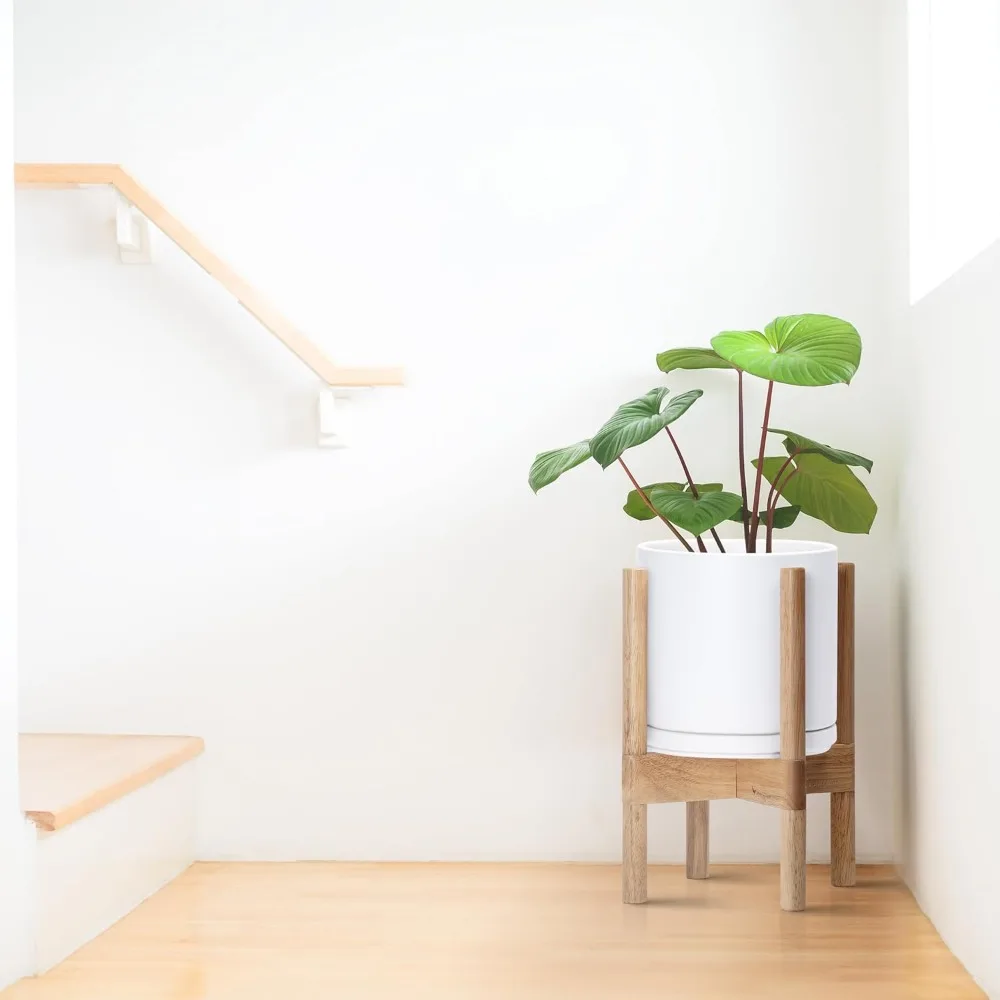 

Modern 8 Inch Ceramic Planter with Wood Stand - Round Flower Pot for Indoor Plants, Home Decor