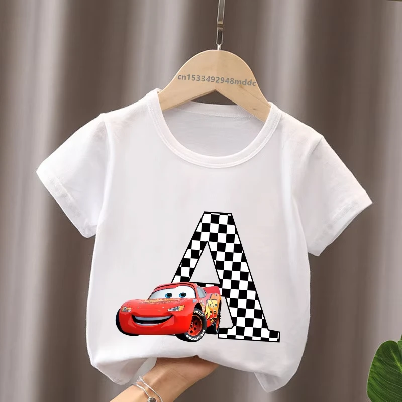 

2026Car Pixar Lightning McQueen Letter A B C Name Print Kids T-Shirts Girls Clothes Baby Boys Short Sleeve T Shirt Children Tops