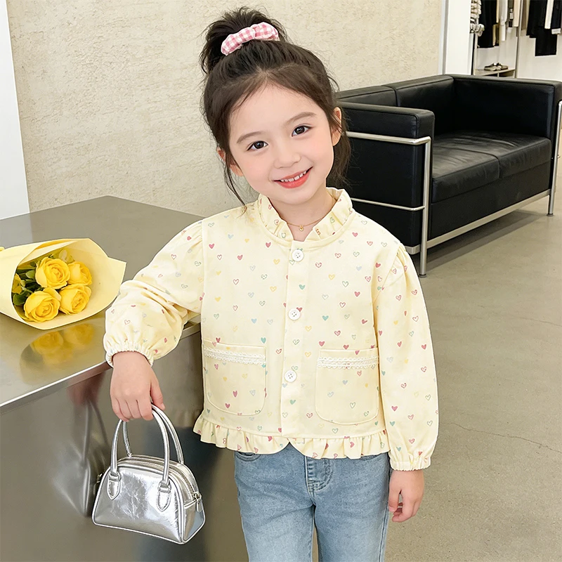Girls' Coat Spring Thin Western Style Children's Baby Girl Cardigan Autumn Princess Floral Korean Style Stand Collar Top Clothes