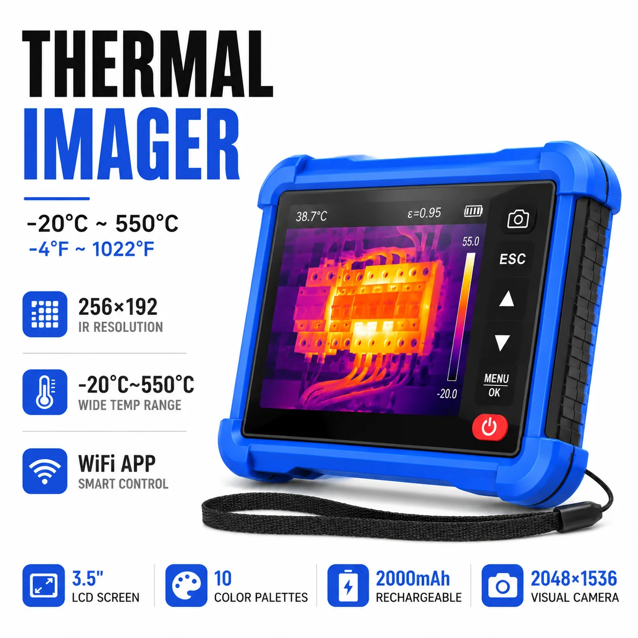 

Flat Panel Thermal Imager 256×192 IR Resolution -20℃~550℃ WiFi APP Control 3.5-inch LCD High Low Temp Tracking Thermal Camera