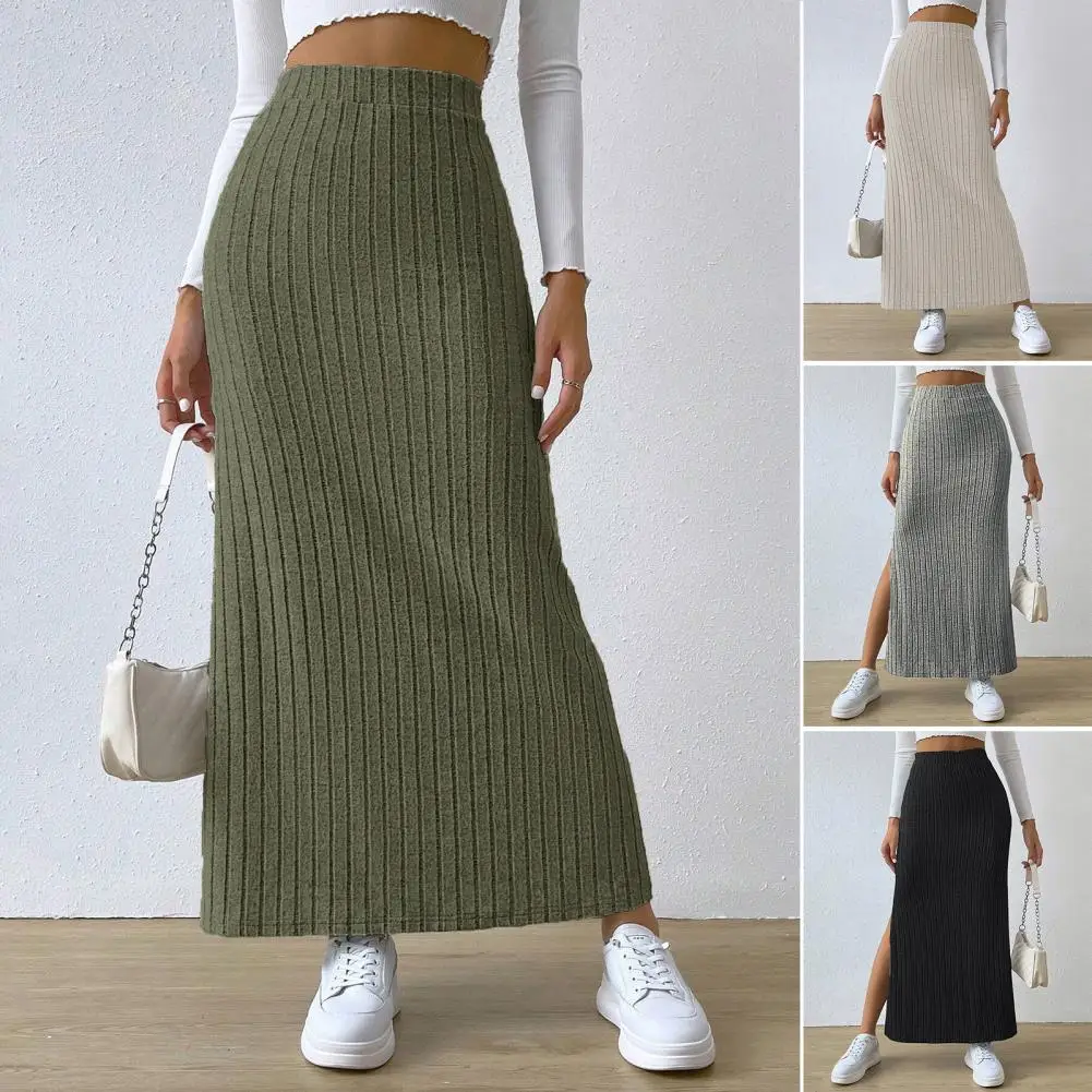 Maxi rok bergaris wanita, bawahan Maxi pinggang tinggi desain rajutan bergaris dengan belahan samping warna Solid Slim Fit panjang