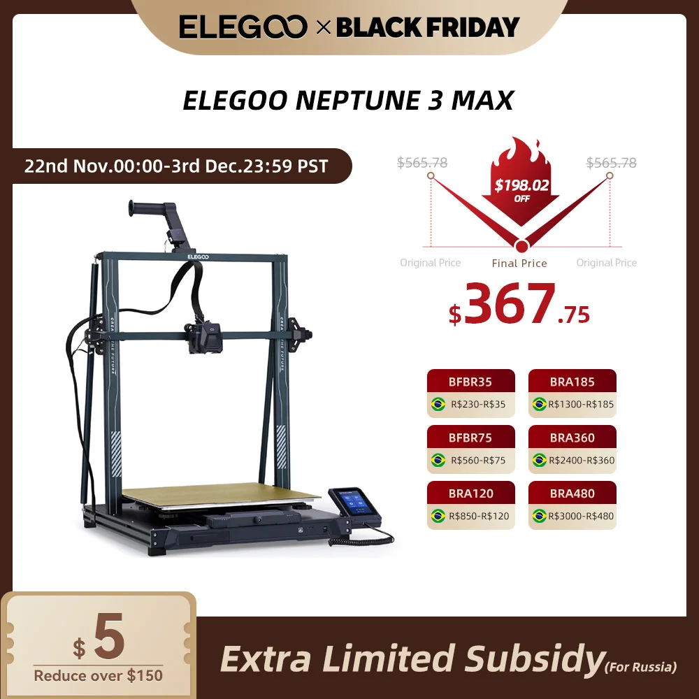 ELEGOO NEPTUNE 3 MAX FDM 3D Printer Auto Leveling, 4.3 inch Capacitive HD Touch Screen, Dual Gear Metal Extruder 420x420x500mm